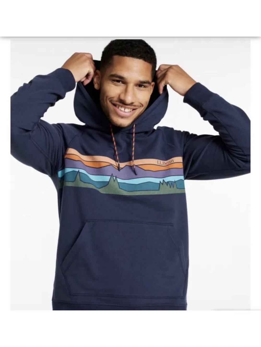 LL Bean Mens Comfort Camp Hoodie Navy Blue Multicolor Mountain Graphic Sz M